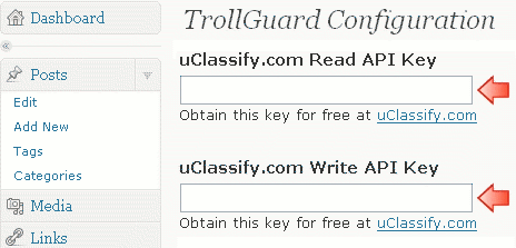 Screenshot of where to enter the uClassify read and write keys.